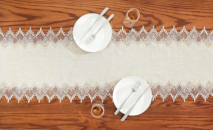 Natural Linen Table Runner 54 inches Neutral Earth Tones Beige Lace Handcrafted Coffee Table Runners Dresser Scarf for Spring Easter Summer Kitchen Wedding Party (Natural, 16”x54”)