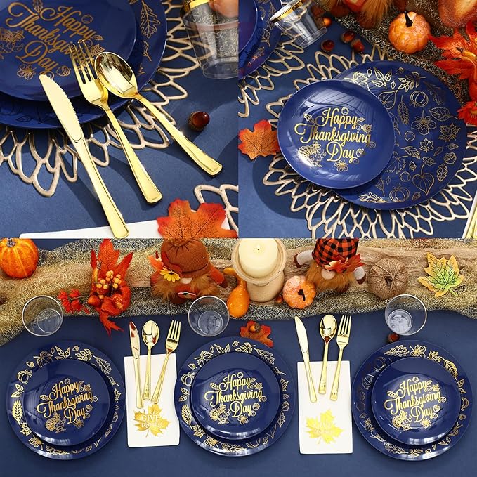 Shellwei 280 Pcs Thanksgiving Dinnerware Sets, Navy Blue Disposable Plates Includes 40 Dinner Plates 40 Cups 40 Dessert Plate 40 Paper Napkins 40 Forks Knives Spoons Supplies for Thanksgiving Day