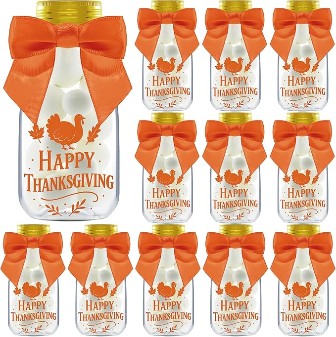 12 Pack Thanksgiving Candy Jars with Ribbons & Stickers – Mini Favor Bottles for Kids – DIY Candy Containers for Classroom, Fall Parties, Baby Showers, and Holiday Table Decorations
