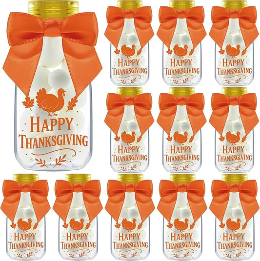 12 Pack Thanksgiving Candy Jars with Ribbons & Stickers – Mini Favor Bottles for Kids – DIY Candy Containers for Classroom, Fall Parties, Baby Showers, and Holiday Table Decorations