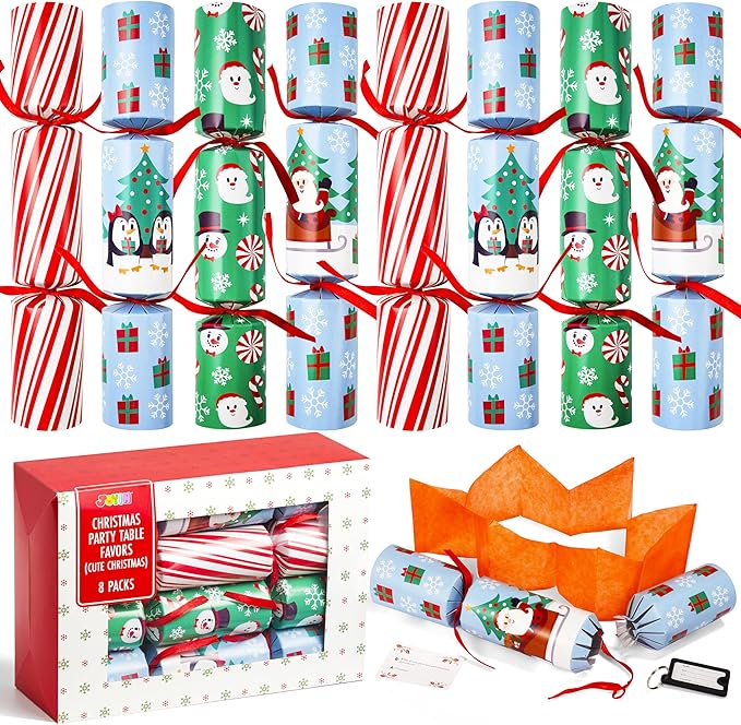 JOYIN 8 Pcs Christmas Non-Snap Party Favor, Red Blue Green Table Favor Includes Party Hat, Jokes & Gifts, Christmas Table Decorations for Holiday Dinner Traditions Party Supplies