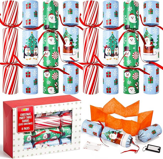 JOYIN 8 Pcs Christmas Non-Snap Party Favor, Red Blue Green Table Favor Includes Party Hat, Jokes & Gifts, Christmas Table Decorations for Holiday Dinner Traditions Party Supplies