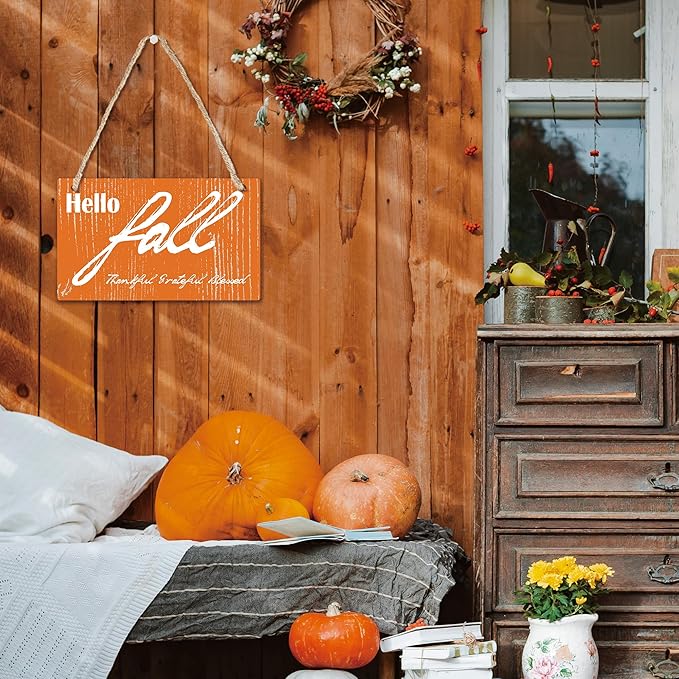 "Hello Fall" Wooden Hanging Sign - Orange Autumn Wood Hanging Decoration - Applicable Porch Home Wall Indoor Outdoor Decor Or Holiday Gifts For Friends And Family(6" x 10") - A03