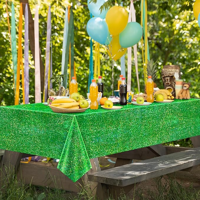 1 pcs Green Holographic Laser Tablecloth 40" x 108" Christmas Table Cloth Shimmer Shining Plastic Metallic Table Cover for Jungle Safari Wild One Baby Shower Birthday Party Decoration Supplies