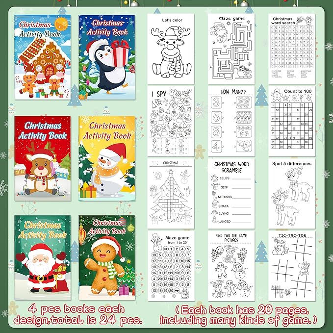 24PCS Christmas Activity Books Party Favors for Kids - Winter Xmas Holiday Games Coloring Maze Book in Bulk, Classroom Activities Crafts Gifts