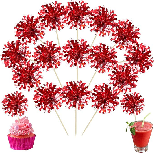 Ephlyn 30Pcs Foil Firework Cupcake Toppers Happy Birthday Cake Toppers Tinsel Flower Drink Stirrers Cocktail Food Fruit Toothpicks for Valentine's Day Party Decorations Red
