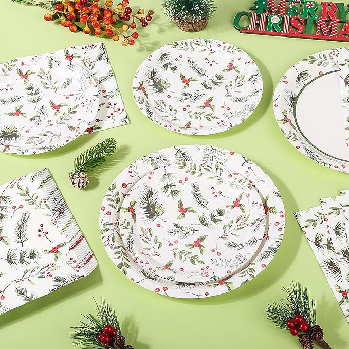 150Pcs Christmas Plates and Napkins Set Christmas Paper Plates Merry Holly Berries Disposable Holiday Paper Plate Dinnerware for Xmas Holiday Winter Party,Serves 50