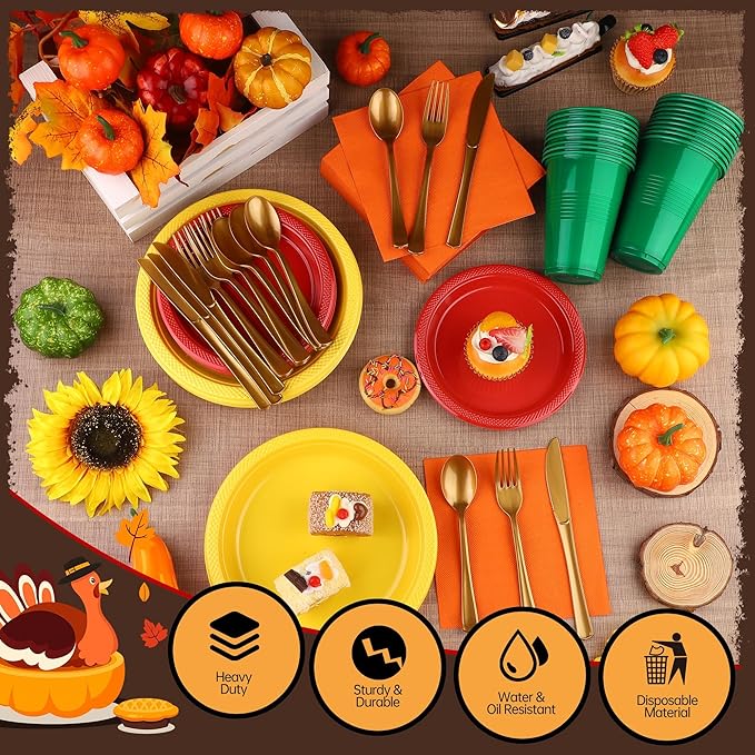 240 Pieces Fall Plastic Dinnerware Set Disposable Party Plates Napkins Cups and Silverware Dessert Dinner Plates for Birthday Wedding Thanksgiving Party Supplies, Serves 30 Guests