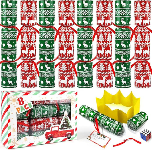 8 Pack Christmas Party Favor No-Snap, Red & Green Xmas Design Includes Party Hat, Joke & Gifts, Christmas Table Decorations for Kids, Holiday Dinner Traditions Party Supplies, Stocking Stuffers