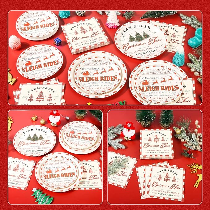 150Pcs Christmas Paper Plates and Napkins Set Vintage Christmas Farmhouse Design Disposable Holiday Plates Dinnerware for Xmas Holiday Winter Party,Serves 50
