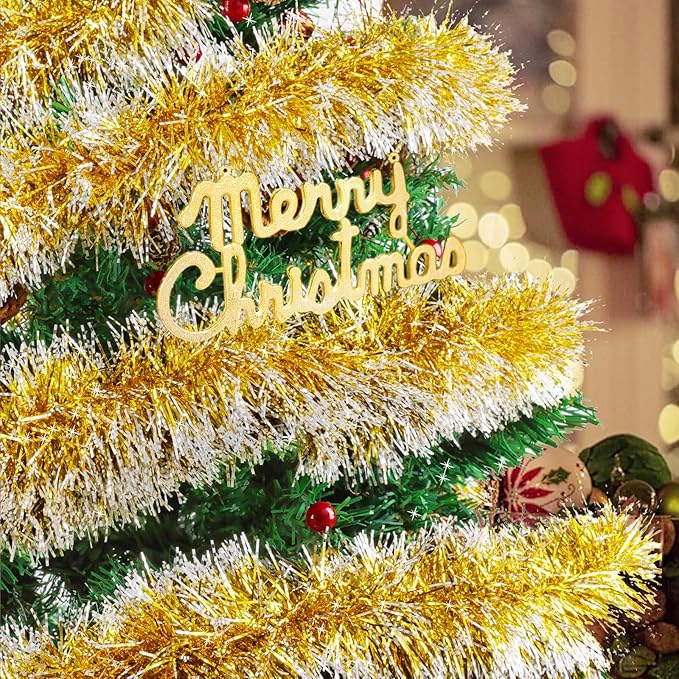 50Ft Christmas Tinsel Garland, Gold Snowflake Metallic Twist Garland for Xmas Tree Decorations, Tinsel for New Year Party Ceiling Hanging Decorations Indoor and Outdoor Decor