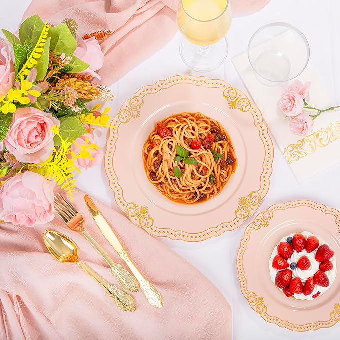 Ciaell 175 PCS Pink and Gold Plastic Plates - Fancy Gold Disposable Dinnerware Set with of 50 Plates, 25 Knives, 25 Forks, 25 Spoons, 25 Cups, 25 Napkins for Party & Weddings