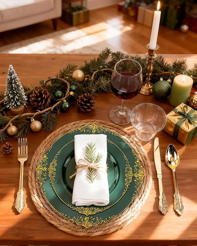 Nervure 175PCS Green Plastic Plates - Disposable Green Gold Party Plates & Pre Rolled Napkins with Cutlery for 25 Guests, 50Plates, 75Silverware, 25Cups, 25Napkin for Wedding & Party