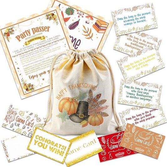 Thanksgiving Turkey Pass The Bag Game - 44 Fun Game Cards & 1 Pumpkin Canvas Bag - Thanksgiving Games for Friends Family, Holiday Gatherings - Fall Harvest Activity, Office & Home Party Supplies - A02