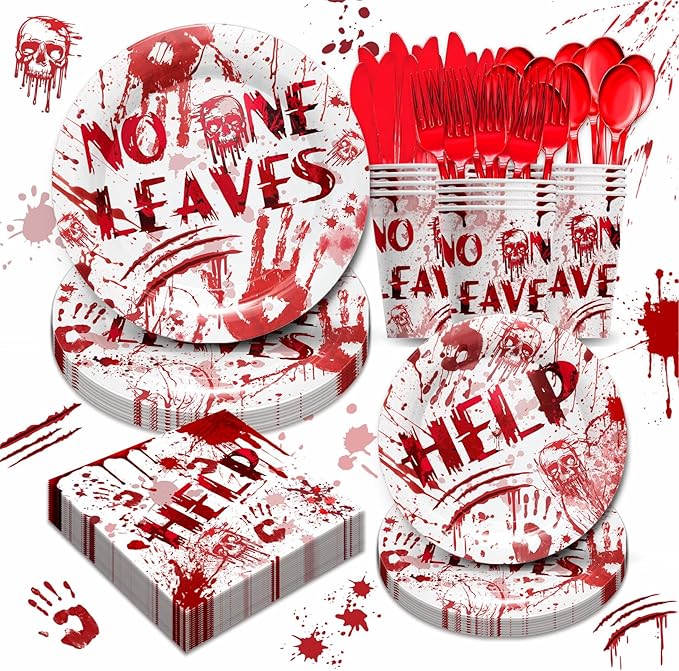 168 Pcs Hawlloween Bloody Party Supplies Tableware - Halloween Scary Party Decroations Include Plates, Cups, Napkins, Cutlery, Halloween Zombie Scary Party Decorations | 24 Guests