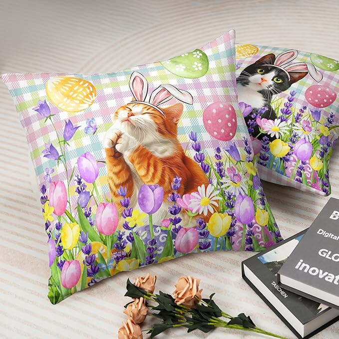Spring Easter Pillow Covers 20x20 Set of 2 Lovely Cow Cat and Ginger Cat Wearing Bunny Ears Throw Pillow Covers Tulip Floral Pillow Case for Easter Decoration Sofa Patio Garden