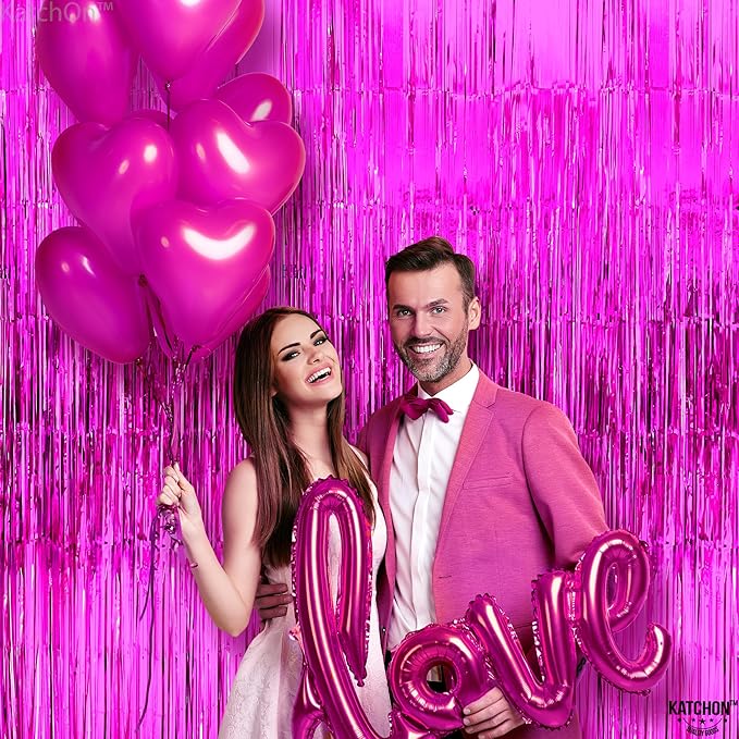KatchOn, XtraLarge Hot Pink Fringe Backdrop - 3.2x8 Ft, Pack of 2 | Hot Pink Streamers Backdrop for Valentines Decoration | Foil Fringe Curtains for New Years Decorations, Pink Christmas Decorations