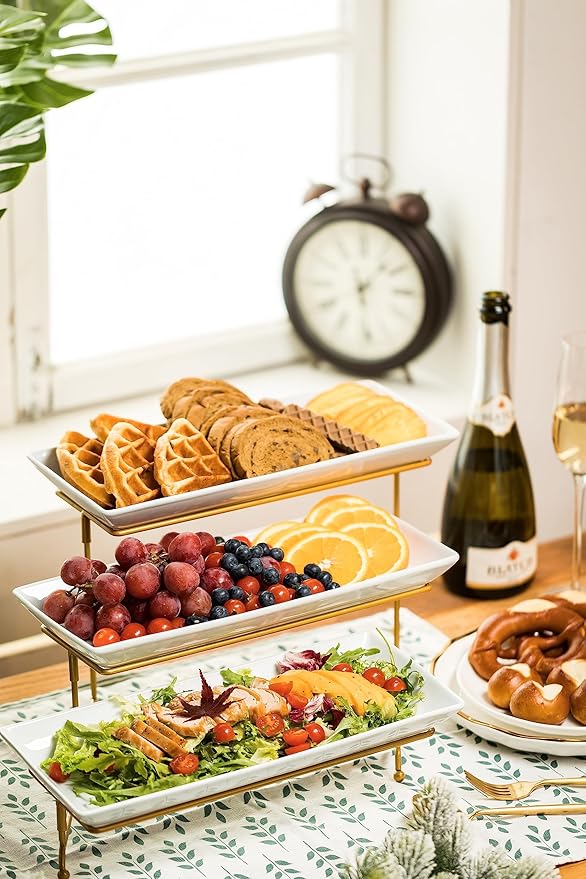 LAUCHUH Large 3 Tier Serving Stand Tiered Serving Trays Collapsible Sturdier Rack with 3 Porcelain Serving Platters for Fruit Dessert Presentation Thanksgiving Christmas Party Display Set, 14 Inch