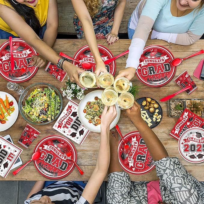 Graduation Decorations Class of 2025 - Red Graduation Party Supplies 2025 Include Plates, Cups, Napkins, Cutlery, 24 Guests