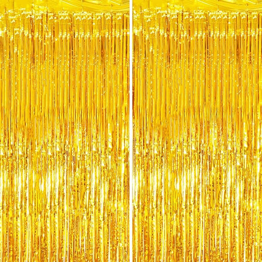 2 Pack Gold Tinsel Foil Fringe Curtains, Gold Party Decorations, Metallic Tinsel Party Streamers Backdrop for Birthday Baby Shower Graduation Wedding New Year Party Decorations