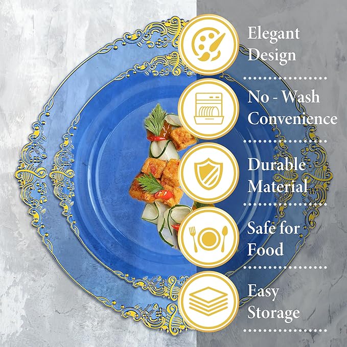 Nervure 175PCS Blue Plastic Plates - Disposable Blue Gold Party Plates & Pre Rolled Napkins with Cutlery for 25 Guests, 50Plates, 75Silverware, 25Cups, 25Napkin for Wedding & Party & Independence Day