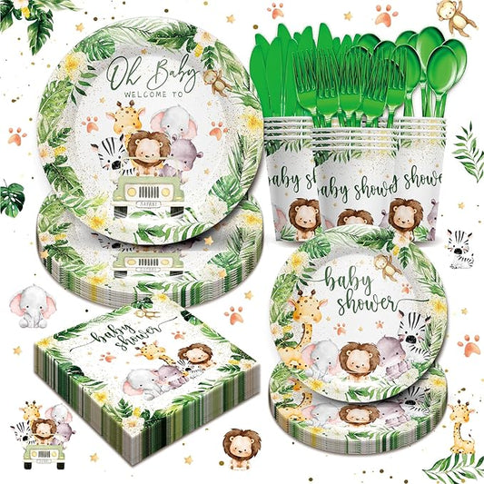 Safari Birthday Supplies Tableware Boys - Safari Jungle Baby Shower Party Decorations Include Plates, Cups, Napkins, Tableware, Wild Birthday Baby Shower Decorations | 24 Guests