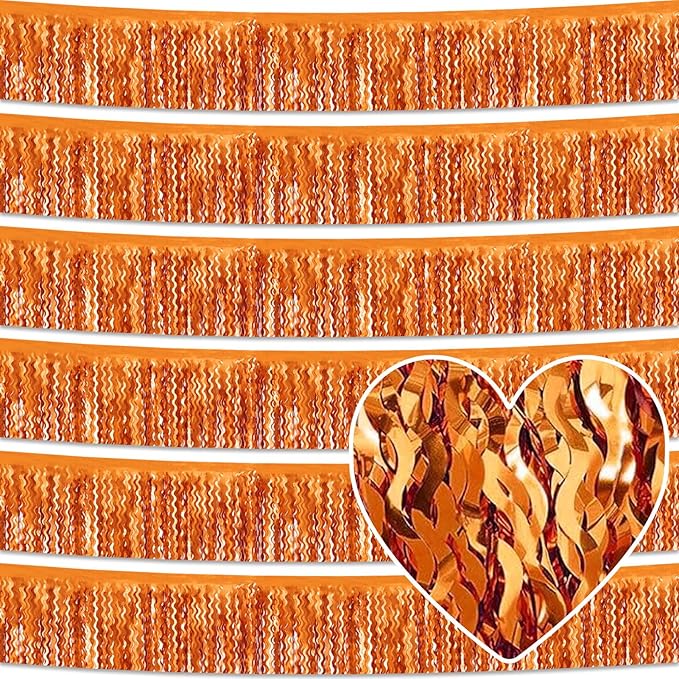 6 Pack 10 Feet Orange Wave Foil Fringe Garland Metallic Tinsel Streamers Banner Wall Hanging Curtain Backdrop for Parade Floats, Mother's Day, Easter, Wedding, Birthday Party Decoration