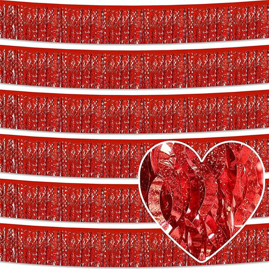 6 Pack 10 Feet Red Wave Foil Fringe Garland Metallic Tinsel Streamers Banner Wall Hanging Curtain Backdrop for Parade Floats, Mother's Day, Easter, Bachelorette, Wedding Party Decoration