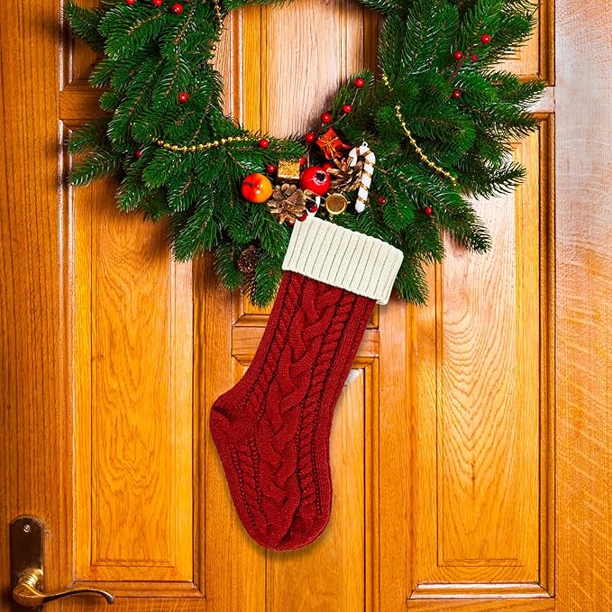 2 Pack 18" Personalized Christmas Stockings, 18inch Large Cable Knitted Xmas Hanging Stocking Decorations for Holiday Christmas Party Family Decor (Lvory/Burgundy)