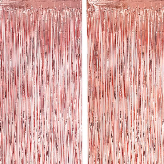 2 Pack Rose Gold Tinsel Foil Fringe Curtains, Rose Gold Party Decorations, Metallic Tinsel Party Streamers Backdrop for Birthday Baby Shower Graduation Wedding Party Decorations