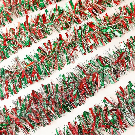 50Ft Christmas Tinsel Twist Garland, Metallic Twist Garland Tree Decorations for Christmas Tree New Year Party Birthday Holiday Supplies Indoor and Outdoor Decoration (Red Green Silver)