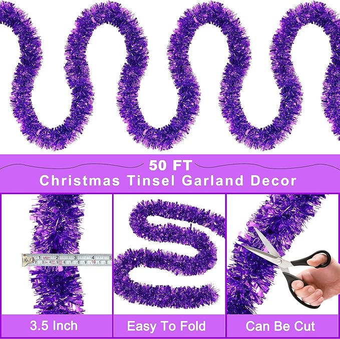 50FT Purple Christmas Tinsel Garland Metallic Twist Xmas Garland for Christmas Tree Decorations Holiday Hanging Garlands for Mantel Staircase Indoor Outdoor Home Office Class Party Holiday Decor