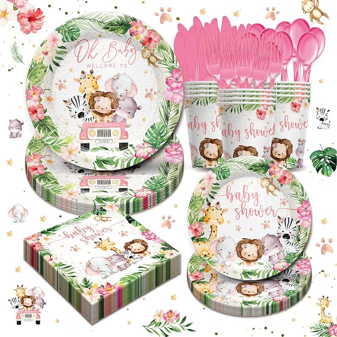 Safari Birthday Supplies Tableware Girl - Safari Jungle Baby Shower Party Decorations Include Plates, Cups, Napkins, Tableware, Wild Birthday Baby Shower Decorations | 24 Guests