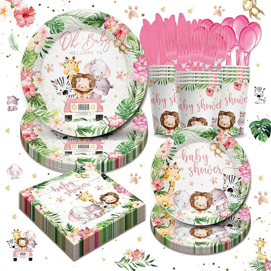 Safari Birthday Supplies Tableware Girl - Safari Jungle Baby Shower Party Decorations Include Plates, Cups, Napkins, Tableware, Wild Birthday Baby Shower Decorations | 24 Guests