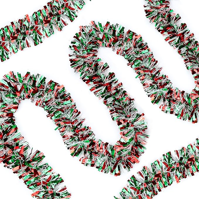 50 FT Red & Green & White Christmas Tinsel Garland Metallic Twist Shiny Hanging Garland for Christmas Tree Decorations Xmas Holiday Decor for Home Indoor Party Supplies - Red Green White