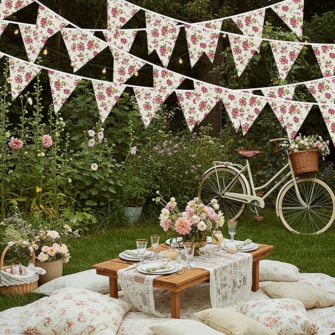 46Ft Vintage Floral Burlap Banner Flower Burlap Triangle Pennant Flag Linen Bunting Garland Streamers for Rustic Birthday Boho Wedding Baby Shower Engagement Camping Spring Easter Party Decorations