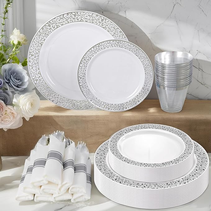 WELLIFE 350 Pieces Silver Disposable Plastic Dinnerware, Includes:50 Dinner Plates, 50 Dessert Plates, 50 Cups, 50 Pre Rolled Napkins with Silver Cutlery