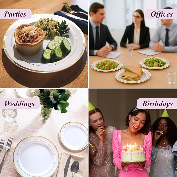 Aya's Cutlery Kingdom 100 White and Gold Plastic Plates for Thanksgiving Dinner - Fancy Plate for Party - 50 (10") Dinner and 50 (7.5") Salad Plates - Heavy Duty, Elegant Disposable Tableware Set