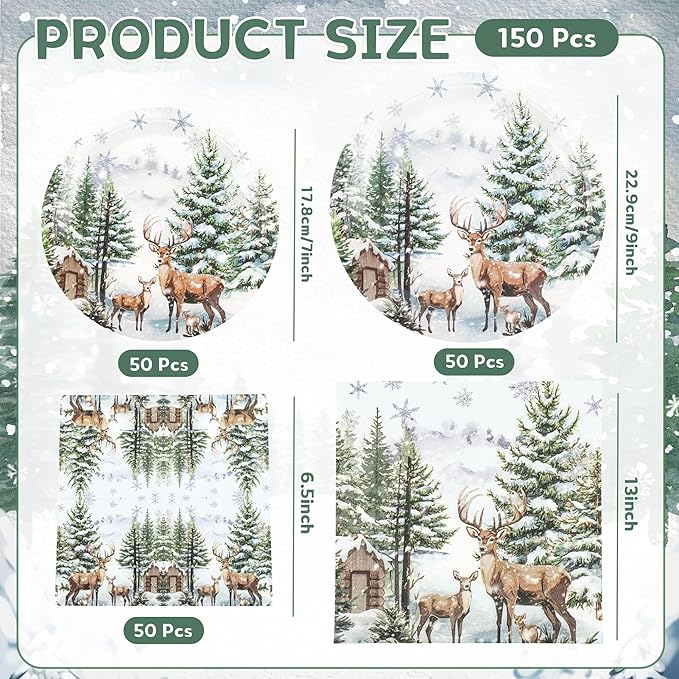 150Pcs Christmas Paper Plates and Napkins Set Christmas Tree Elk Design Disposable Holiday Plates Dinnerware for Xmas Holiday Winter Party,Serves 50