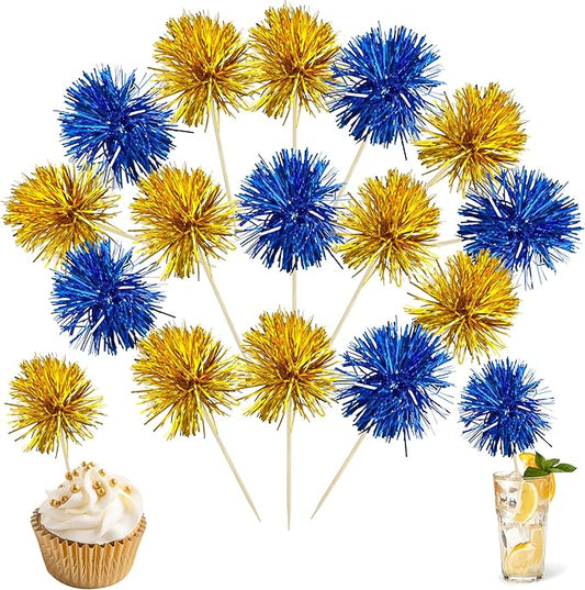 Ephlyn 30Pcs Foil Firework Cupcake Toppers Sparkles Fireworks Sticks Birthday Decorations Sparkle Tinsel Cocktail Fruit Toothpick for Birthday Wedding Graduation Party Cake Decorations Dark Blue Gold