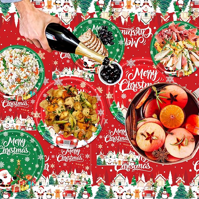 194PCS Christmas Party Supplies | Indoor Xmas Disposable Plates Napkins Cutlery Straws Banner Tablecloth Complete Christmas Party Decorations Set For Home Dinner Picnic Holiday Thanksgiving Serve 24