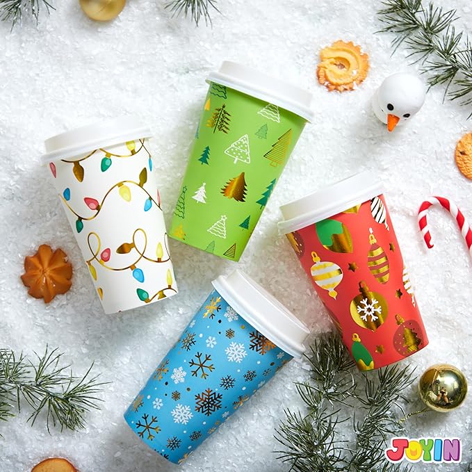JOYIN 24 PCS Christmas Disposable Paper Cups, 16 oz Merry Christmas Party Cups With Cup Sleeves and Lids, 4 Designs Xmas Drinkware Winter Drink Cups, Tableware Holiday Supplies Decoration