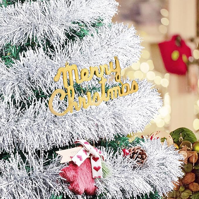 50Ft Christmas Tinsel Garland, Silver Snowflake Metallic Twist Garland for Xmas Tree Decorations, Tinsel for New Year Party Ceiling Hanging Decorations Indoor and Outdoor Decor