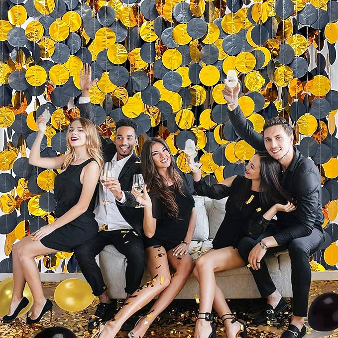 205Ft Black Gold Party Decorations Circle Dot Garland Backdrop Black Tissue Paper Gold Foil Polka Dot Streamer for Graduation Birthday Anniversary Halloween Christmas Holiday New Year Party Supplies