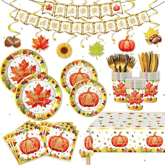 123PCS Thanksgiving Party Supplies for Fall Pumpkin Themeds Party Decorations Autumn Harvest Tableware Set for Kids Childs Leaves Dessert Plates Napkins Cups with Tablecloth and Banner for 20 Guests
