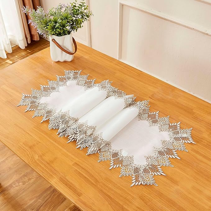 Natural Linen Table Runner 120 inches Neutral Earth Tones Beige Lace Handcrafted Coffee Table Runners Dresser Scarf for Spring Easter Summer Kitchen Wedding Party (16”x120”, White)