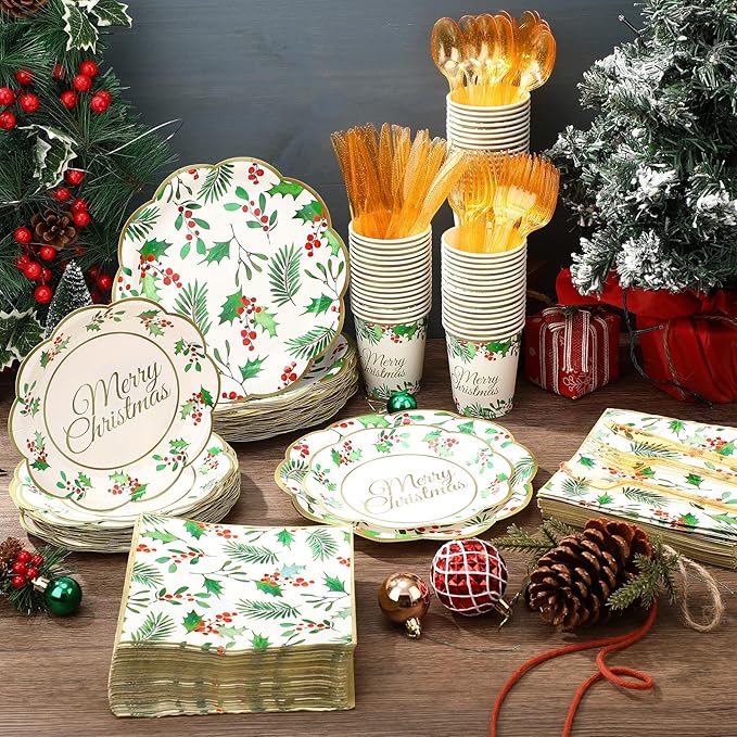 Pickmesh 400 Pcs Christmas Party Supplies Include Seasonal Holly Leaf Disposable Paper Plates Napkins Cups Cutlery Xmas Tableware for Merry Christmas Holiday Party Decorations Serve 50