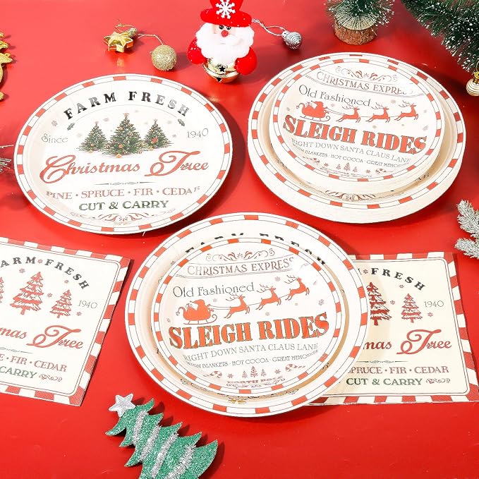 150Pcs Christmas Paper Plates and Napkins Set Vintage Christmas Farmhouse Design Disposable Holiday Plates Dinnerware for Xmas Holiday Winter Party,Serves 50