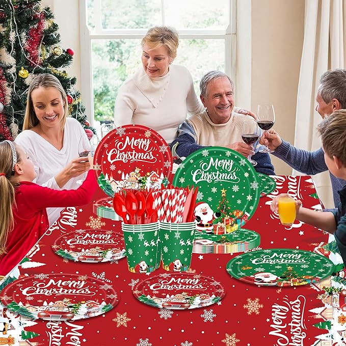 194PCS Christmas Party Supplies | Indoor Xmas Disposable Plates Napkins Cutlery Straws Banner Tablecloth Complete Christmas Party Decorations Set For Home Dinner Picnic Holiday Thanksgiving Serve 24