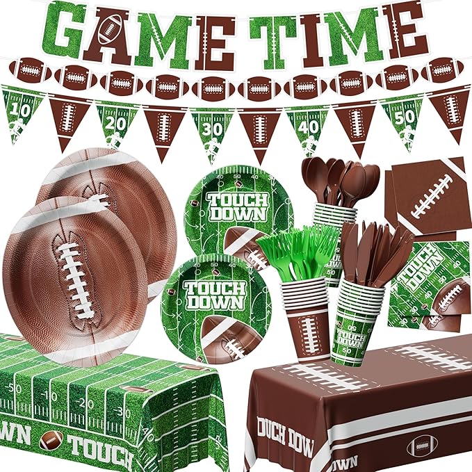 Ecomore 173PCS Football Party Decoration (Serve 24), Easter Decoration Football Birthday Party Supplies with Disposable Paper Plate Napkin Cup Cutlery Banners Touchdown Tablecloth Tailgate Party Decor